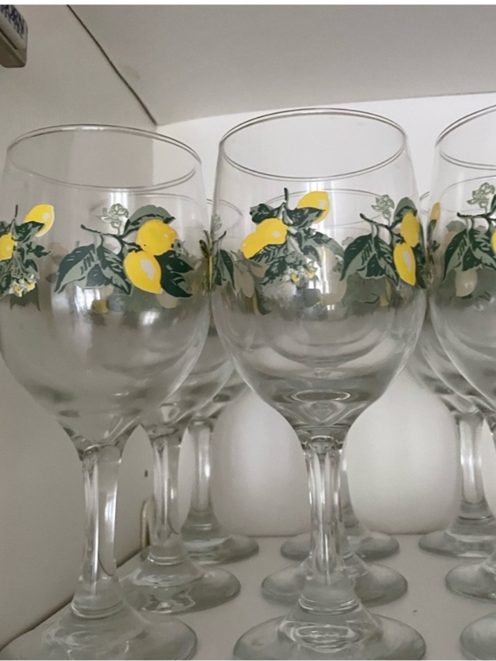 Set of Stemmed Wine Glasses with Yellow Lemon Motif